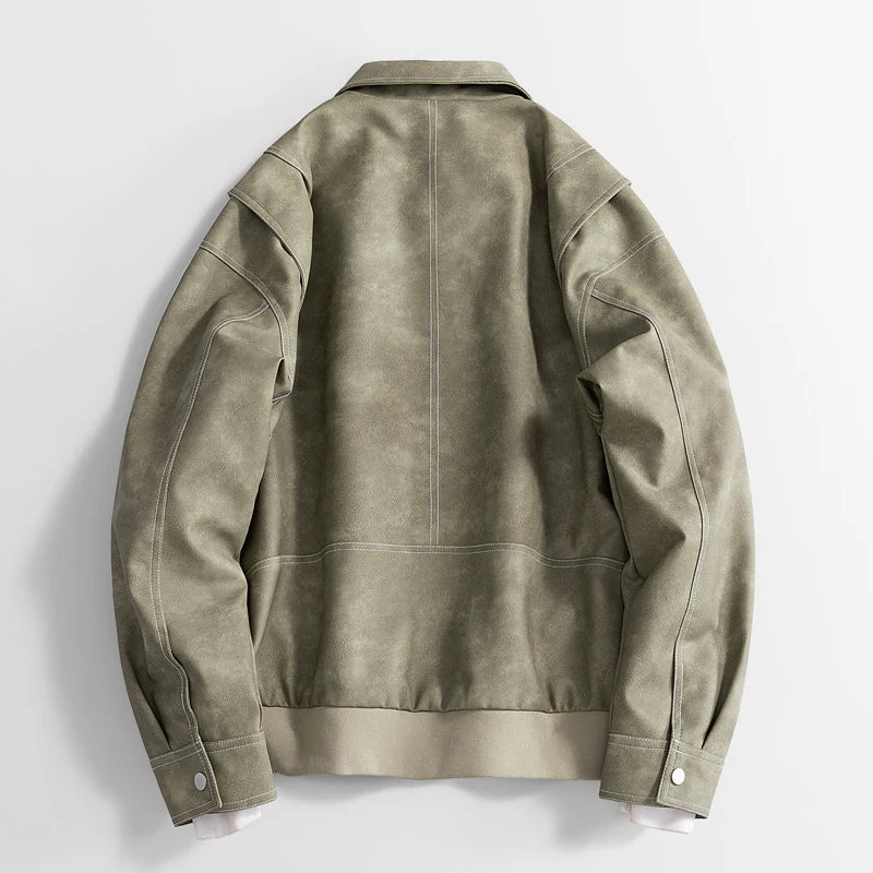 Black Rothwell leather jacket by Jack Hafford with detailed stitching and classic collar, displayed on a hanger.