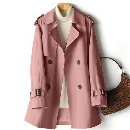 Sweet Emily trench coat by Jack Hafford, shown in classic beige with double-breasted design and belted waist.