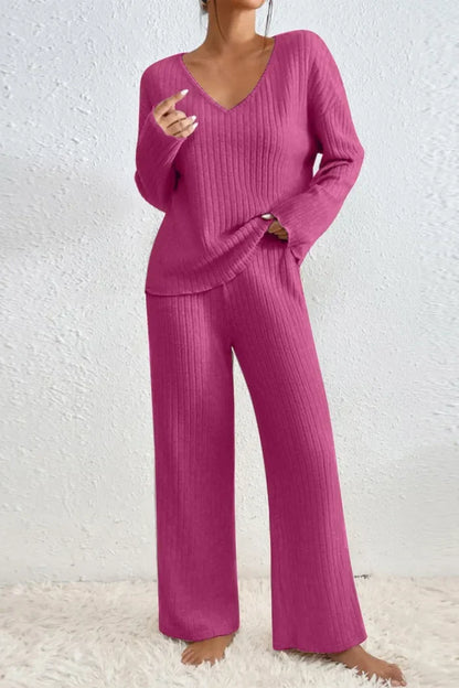 Kate and Wendy Callie ribbed two-piece lounge sweatpants set for women, featuring a cozy, matching top and pants in soft ribbed fabric.