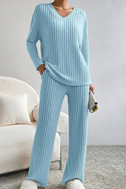 Kate and Wendy Callie ribbed two-piece lounge sweatpants set for women, featuring comfortable, stylish loungewear with a relaxed fit.