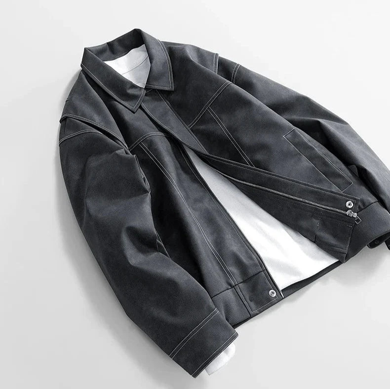 Jack Hafford Rothwell leather jacket with classic collar and zip closure, shown in black leather on a hanger.