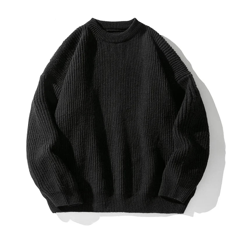 Jack Hafford Oslo Rib Sweater in neutral color, close-up of textured knit fabric and ribbed collar on a mannequin.