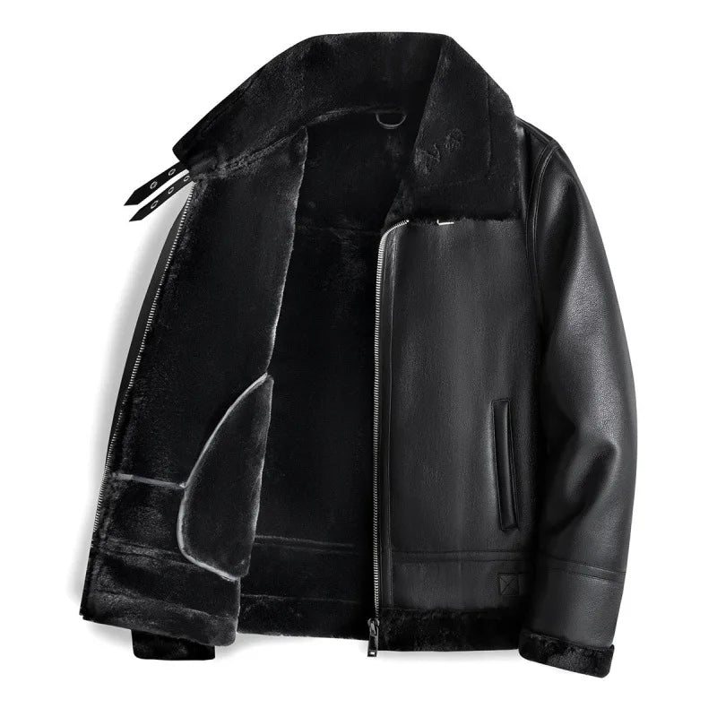 Jack Hafford Travis leather jacket displayed on a hanger with detailed stitching and classic design.