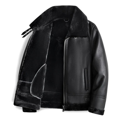 Jack Hafford Travis leather jacket displayed on a hanger with detailed stitching and classic design.