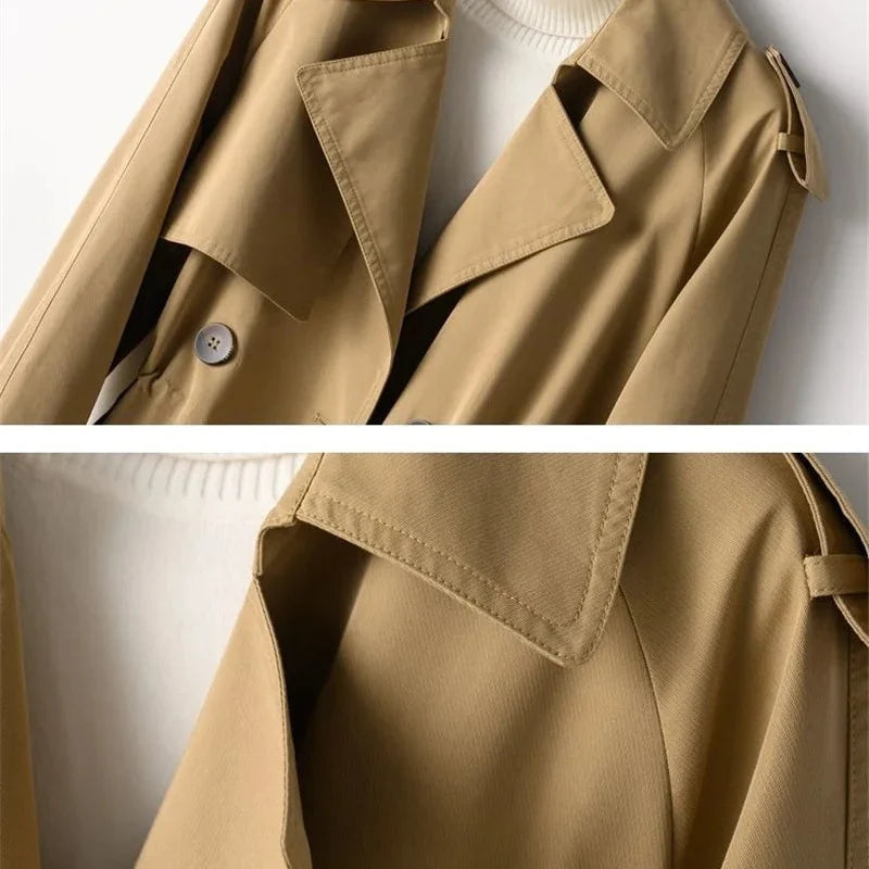 Sweet Emily trench coat by Jack Hafford, shown in classic beige with a tailored fit and double-breasted design.