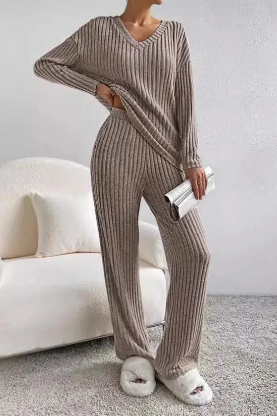 Kate and Wendy Callie ribbed two-piece lounge sweatpants set for women, featuring comfortable loungewear with a relaxed fit.