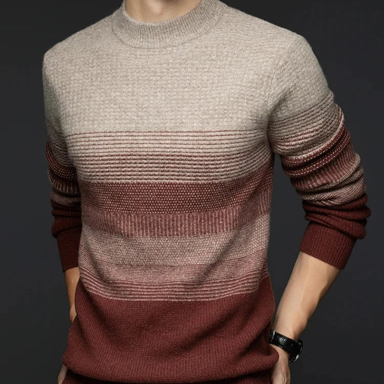 Jack Hafford Highland Wool Sweater, close-up of cozy, thick wool knit with ribbed cuffs and neckline in natural earthy tones.