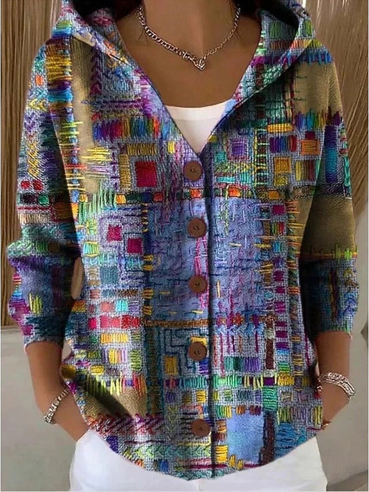 Elegant Jenna Harper & Wells button hooded sweater, cozy long cardigan style, shown in warm fabric for women.