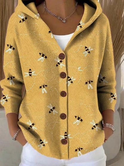 Sophia wearing Harper & Wells Jenna elegant button hooded sweater, featuring a cozy design and stylish long cardigan for women.