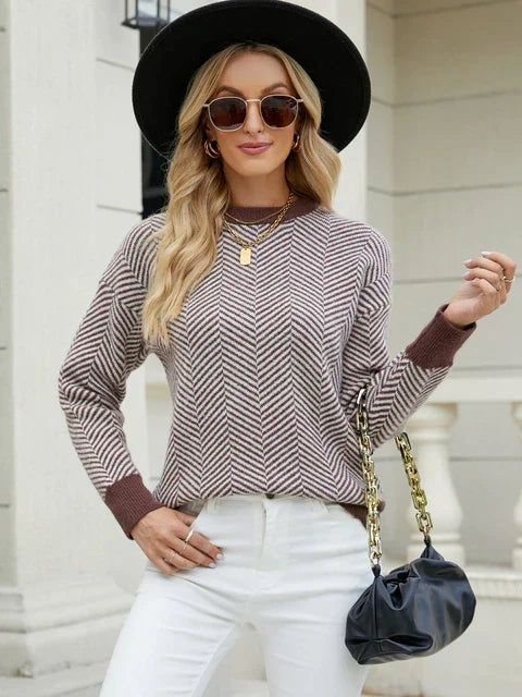 Homixa women's ribbed crew neck sweater with long sleeves and loose stitch detail, perfect for autumn and winter fashion.