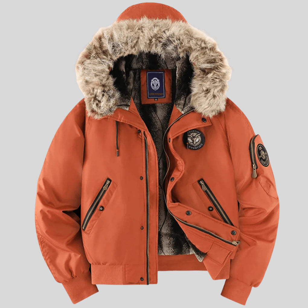 Homixa Ilylisse padded bomber jacket with faux-fur hood, zippered pockets, and ribbed trim, displayed on a hanger.
