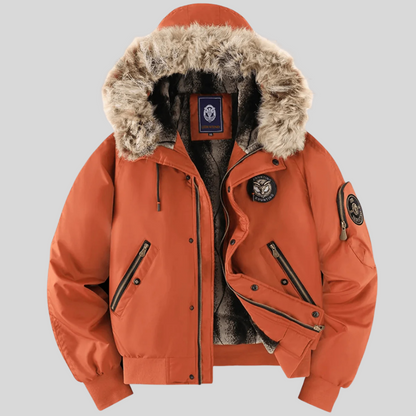 Homixa Ilylisse padded bomber jacket with faux-fur hood, zippered pockets, and ribbed trim, displayed on a hanger.