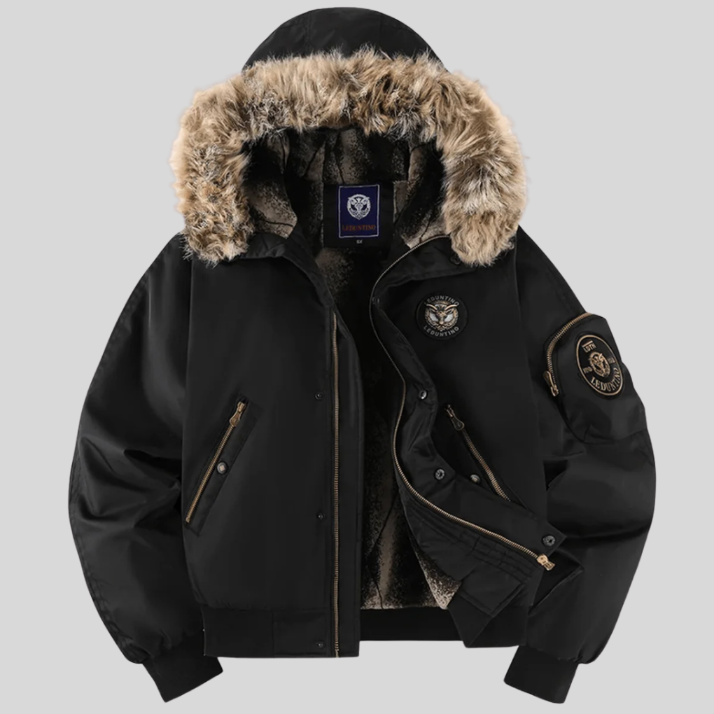 Homixa Ilylisse padded bomber jacket with faux-fur hood, zipped pockets, and ribbed trim, shown in a stylish, fitted design.