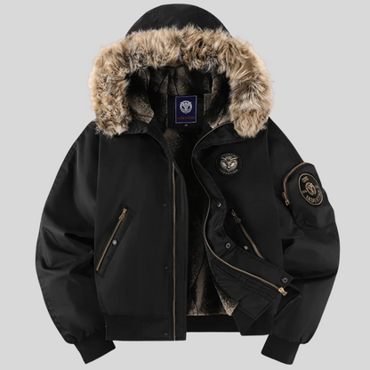 Homixa Ilylisse padded bomber jacket with faux-fur hood, zipped pockets, and ribbed trim, shown in a stylish, fitted design.