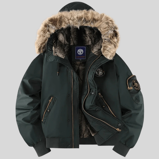 Homixa Ilylisse padded bomber jacket with faux-fur hood, zipped pockets, and ribbed trim, displayed on a hanger.