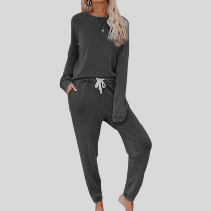 Mercer & Bloom JOCELYN™ casual long sleeve top and sweatpants set in soft fabric, shown laid out flat.