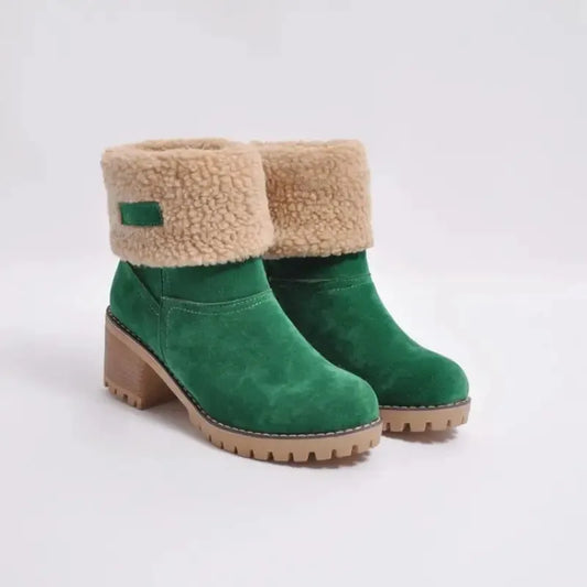 Homixa Sofia women's slip-on snow boots with plush foldover cuffs, block heels, and a water-resistant, slip-resistant sole.
