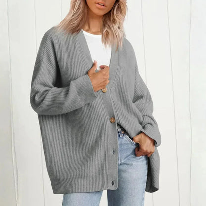 Olive & Evy women's oversized longline ribbed cardigan with deep V-neckline, button front, and relaxed fit.