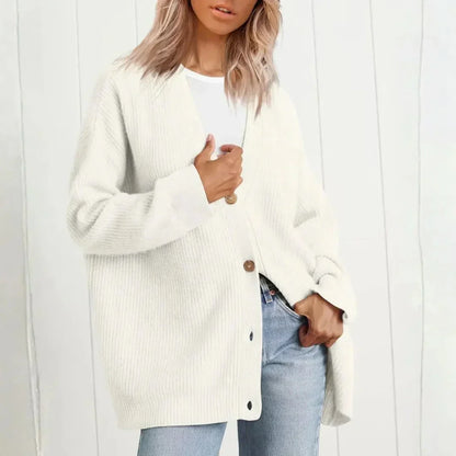 Olive & Evy women's longline ribbed knit cardigan with deep V-neckline, button front, and oversized fit.