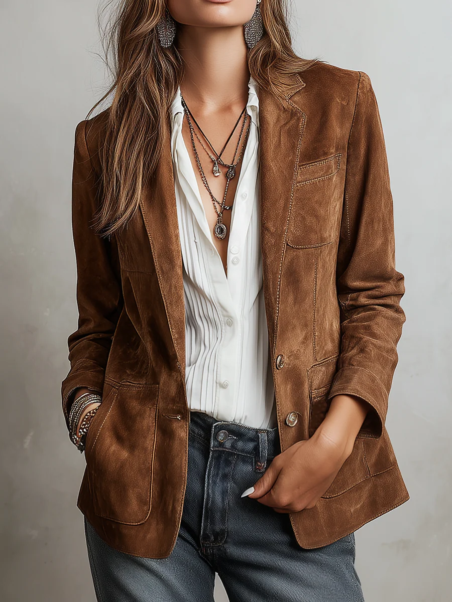 Homixa Caevelle vintage suede jacket featuring button front, patch pockets, and contrast stitching in natural leather tones.