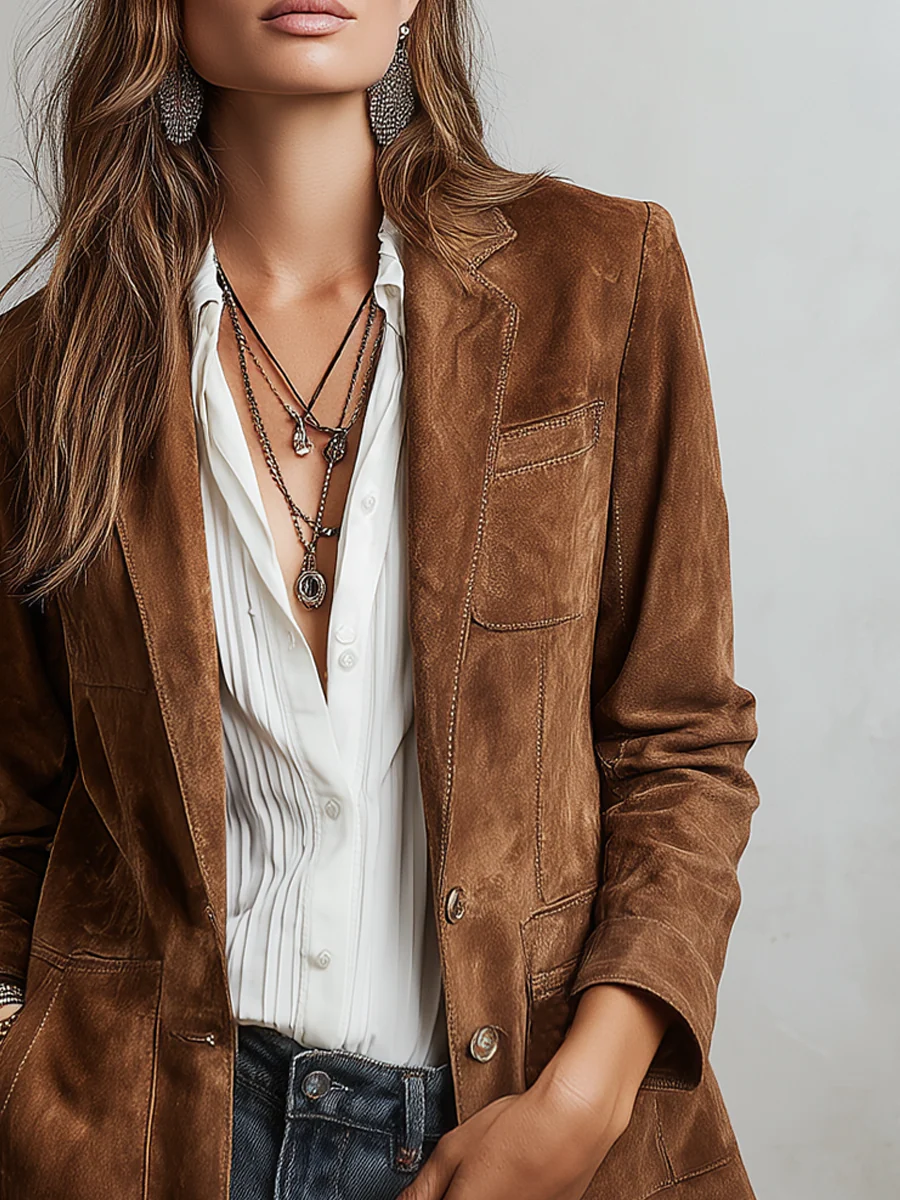 Homixa Caevelle vintage suede jacket featuring button front, patch pockets, contrast stitching, and classic style.