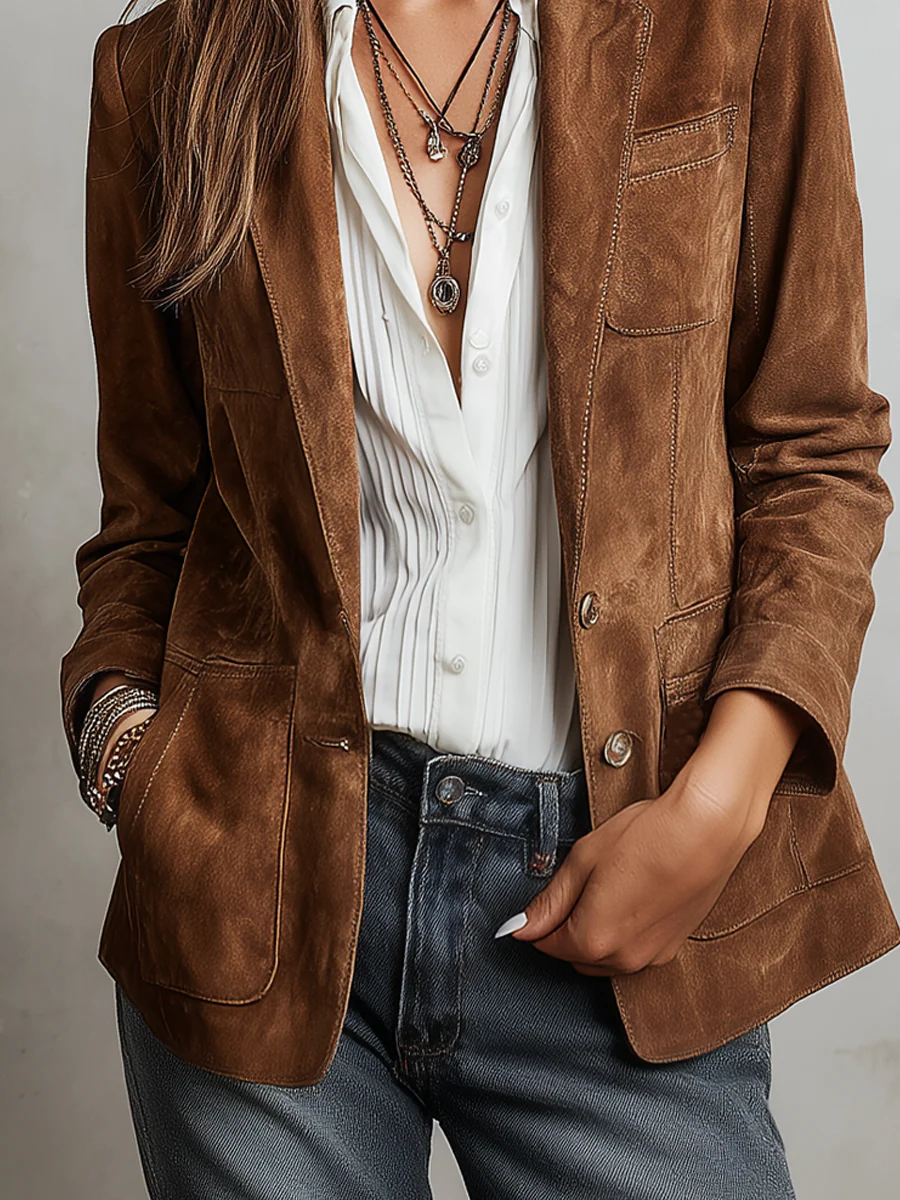 Homixa Caevelle vintage suede jacket featuring button front, patch pockets, and contrast stitching, displayed on a hanger.