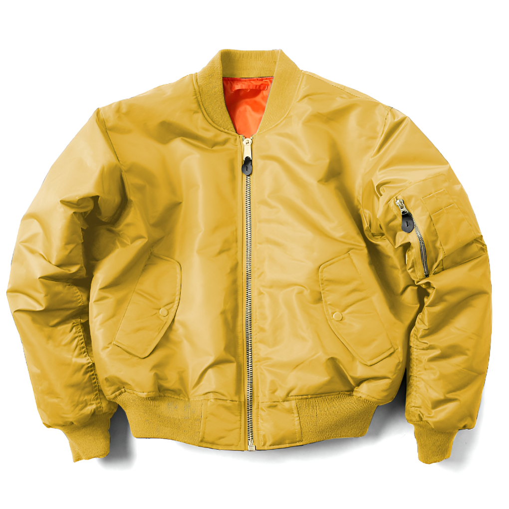 Beckmiller women's unisex classic bomber jacket in bright yellow, lightweight with ribbed cuffs and collar, stylish and versatile.