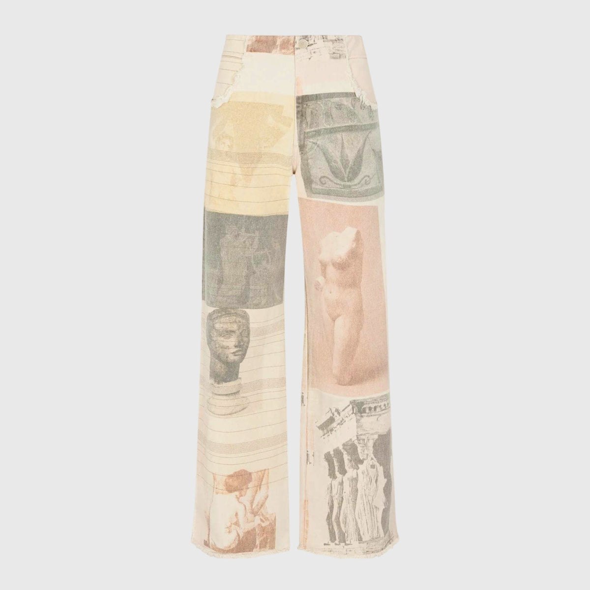 Homixa Alma women's vintage collage-print wide-leg jeans with high waist and frayed hems, showing a relaxed fit and stylish design.