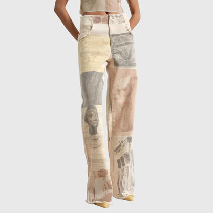 Homixa Alma women's wide-leg vintage collage-print jeans with high waist and frayed hems, showcasing a trendy, relaxed fit.