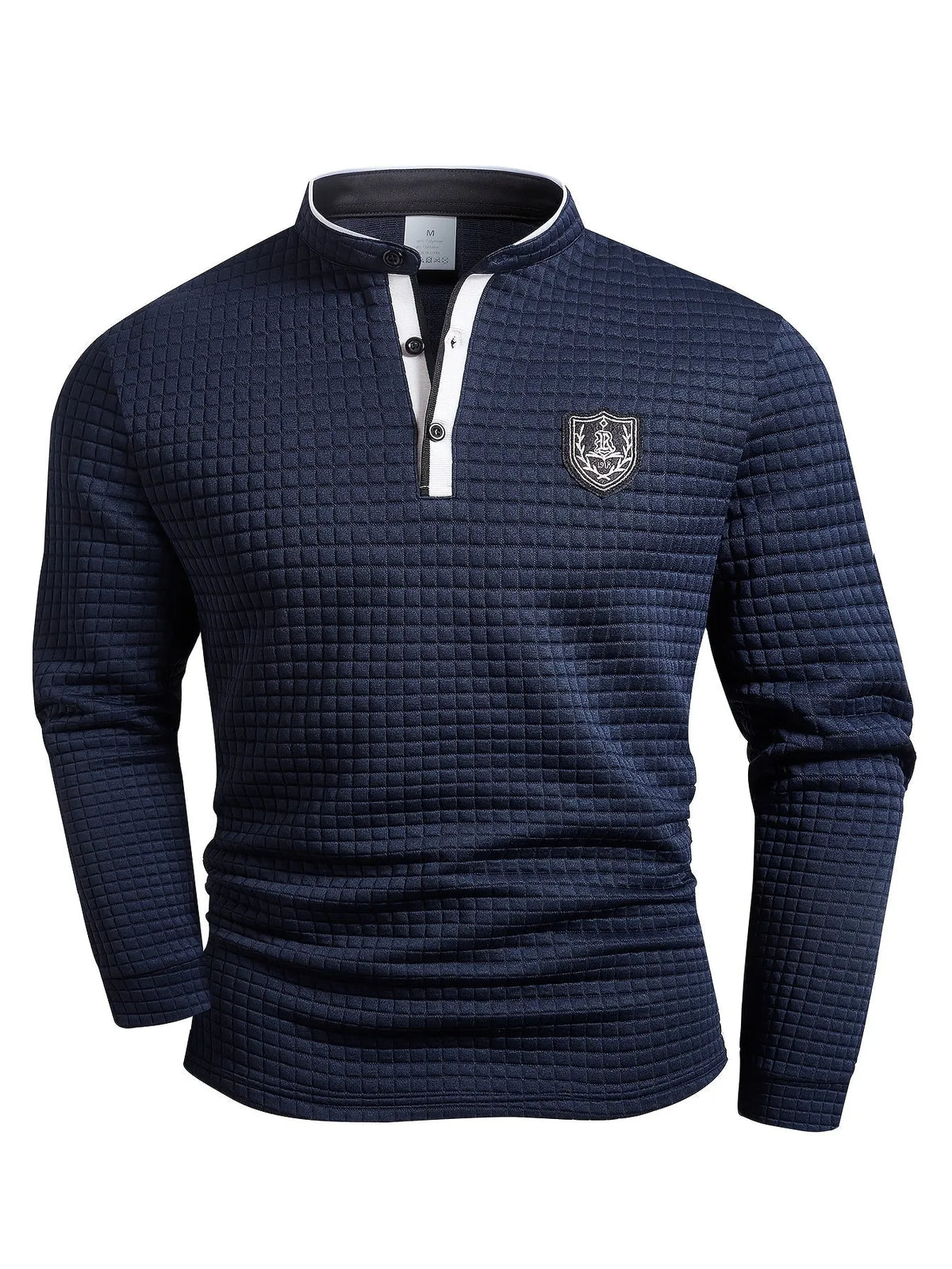 Men's Homixa solid color knit Henley shirt with button-front and checked pattern, featuring a classic collar and long sleeves.