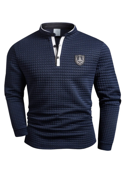 Men's Homixa solid color knit Henley shirt with button-front and checked pattern, featuring a classic collar and long sleeves.