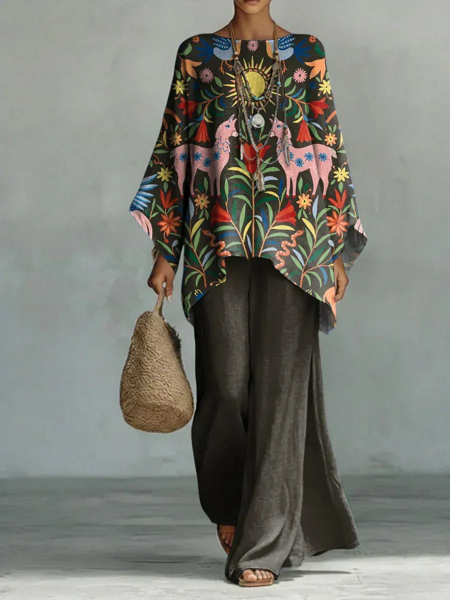 Adeline | Women's Botanical-Print Cape Top & Wide-Leg Pant Set - product image 1