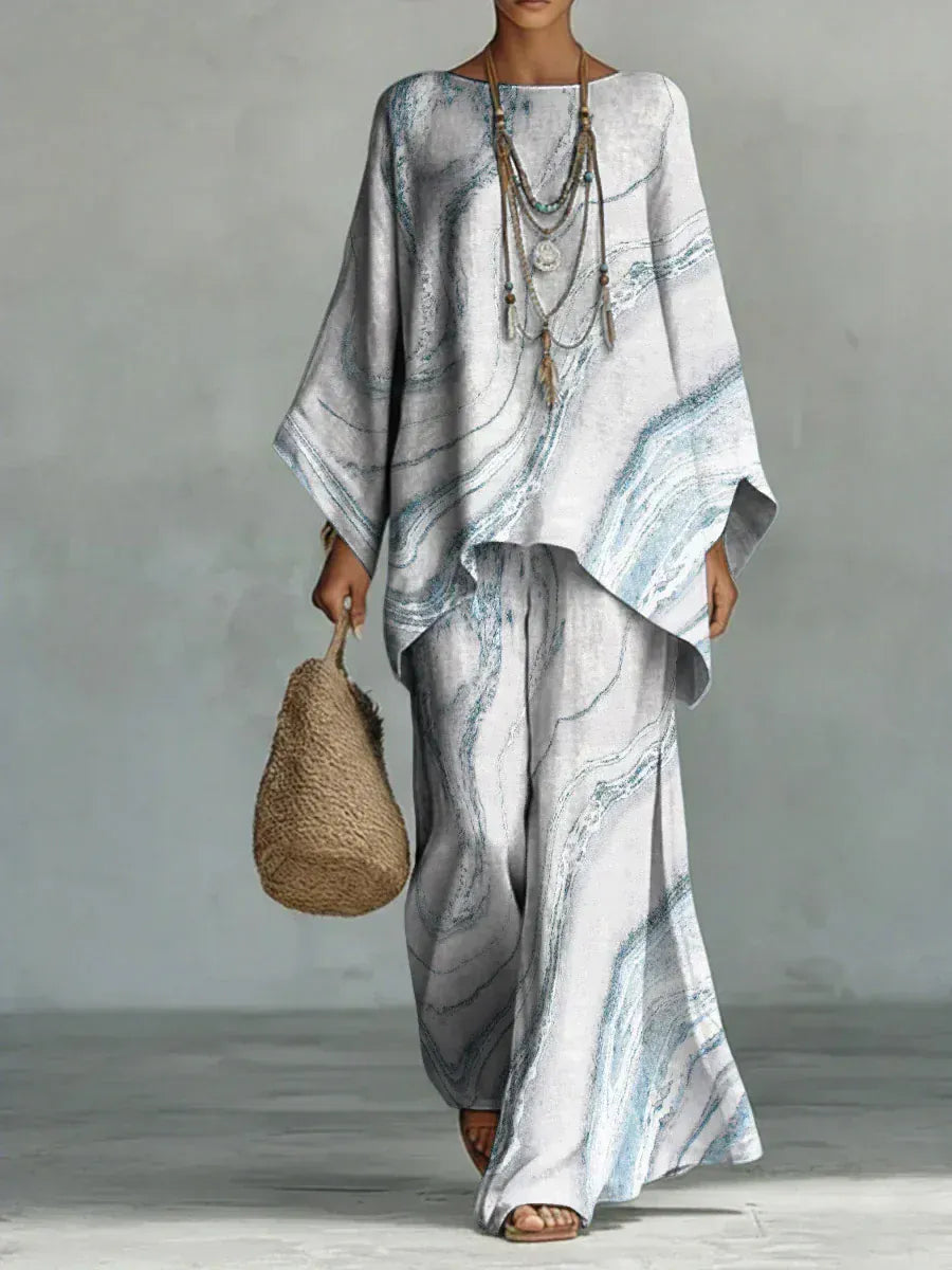 Anaïs | Women's Marble-Print Cape Top & Wide-Leg Pant Set - product image 1