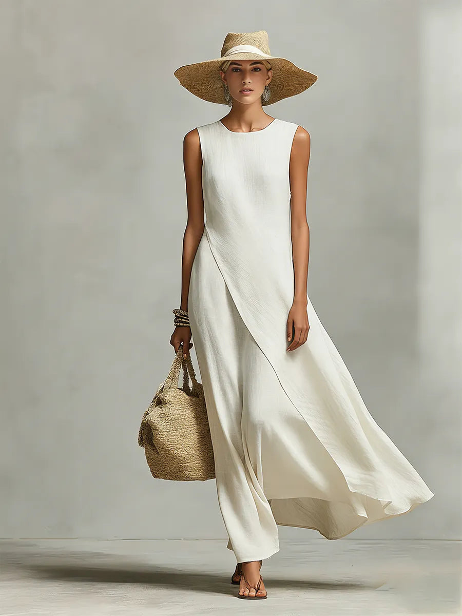 Women’s sleeveless high-neck asymmetric maxi dress by Homixa, featuring flowing fabric and stylish design.