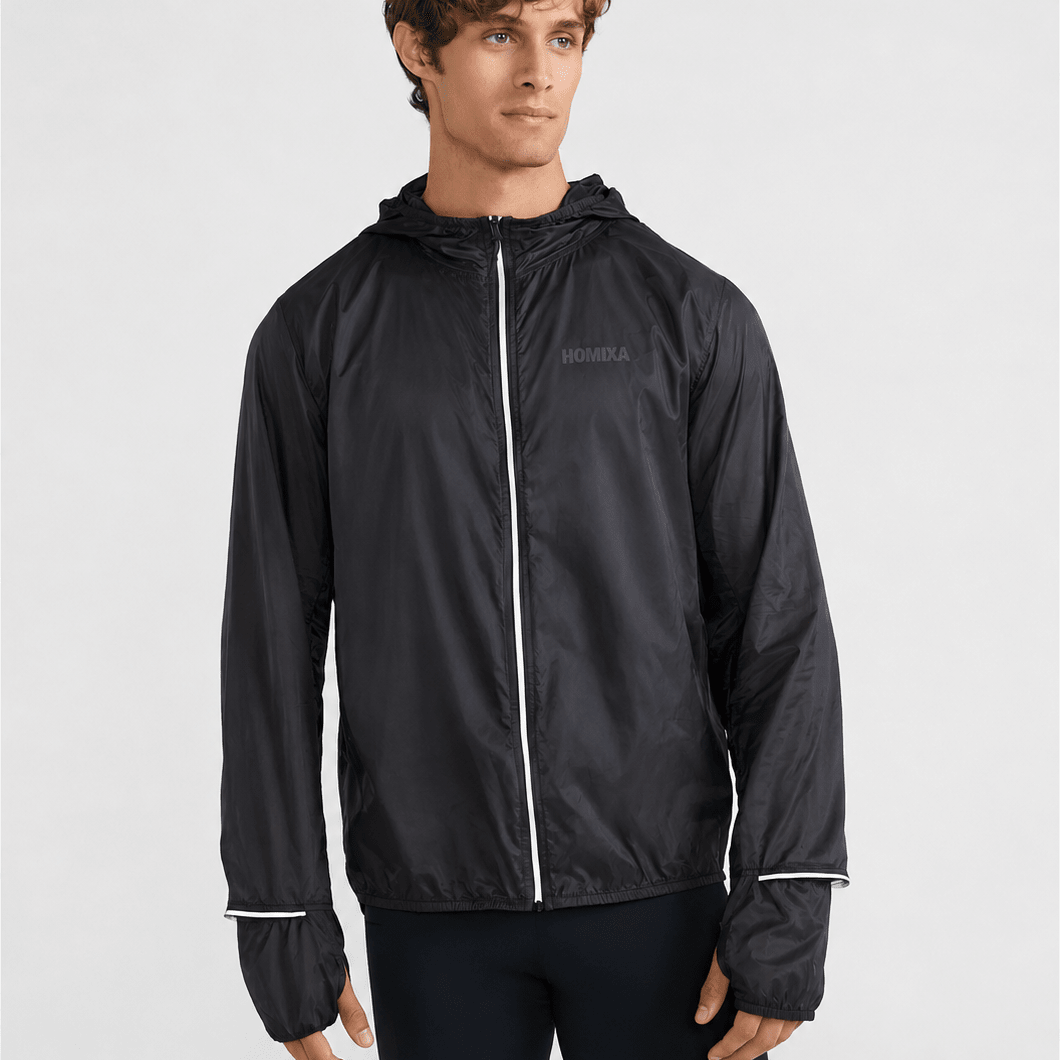 Homixa Shield Run men's black windbreaker jacket with hood, lightweight and waterproof for outdoor running and active wear.