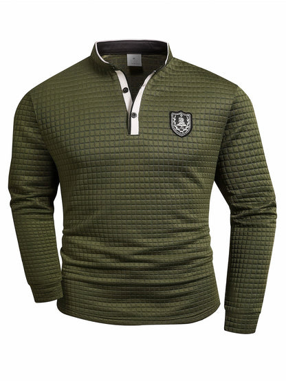 Men's solid color knit Henley shirt with button-front and checked design by Homixa, featuring a casual, comfortable fit.