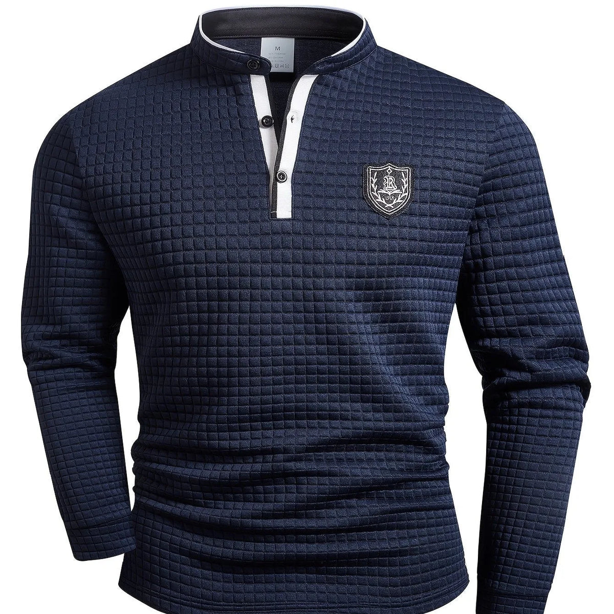 Homixa men's solid color knit Henley shirt with button-front and checked pattern, featuring a casual, comfortable style.