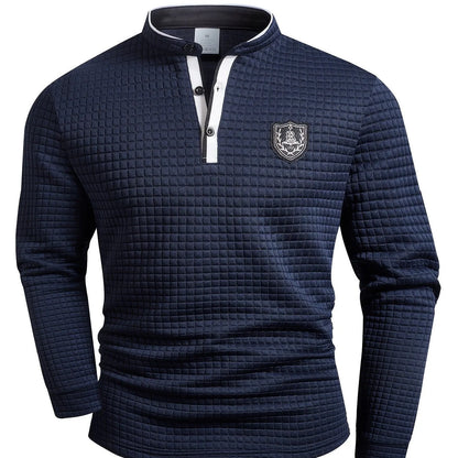Homixa men's solid color knit Henley shirt with button-front and checked pattern, featuring a casual, comfortable style.