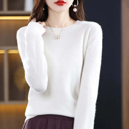 Homixa Belvia women's fine-knit crew-neck sweater with ribbed cuffs and solid color finish, stylish and comfortable for casual wear.