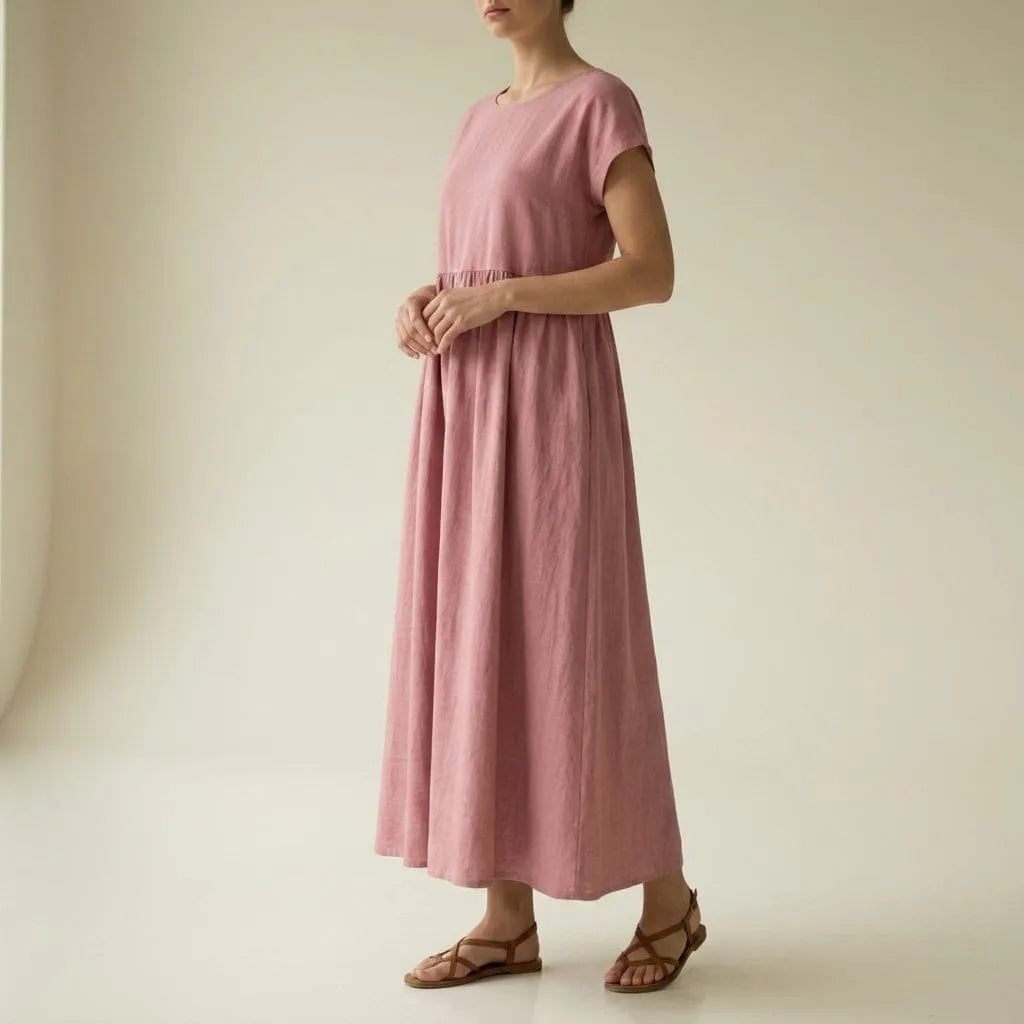 Homixa feminine women's flowy short sleeve summer midi dress with gathered waist, perfect for warm-weather casual wear.