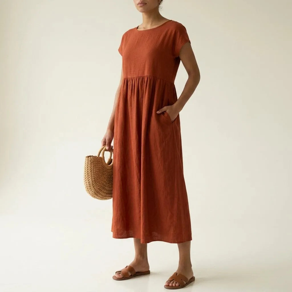 Homixa feminine women's flowy short sleeve summer midi dress with gathered waist, ideal for warm weather and casual occasions.