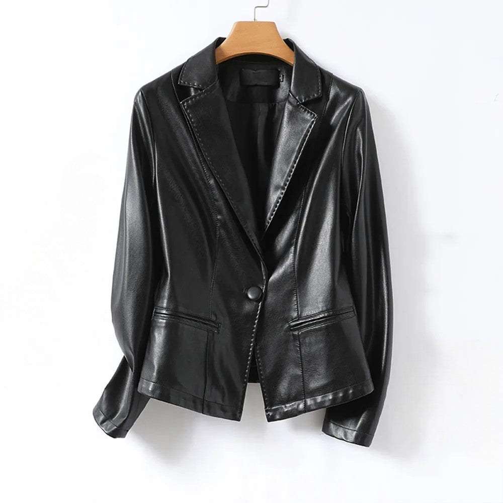 Black Vera Lambskin Leather Blazer by Jack Hafford, tailored fit with sleek lapels, displayed on a plain background.