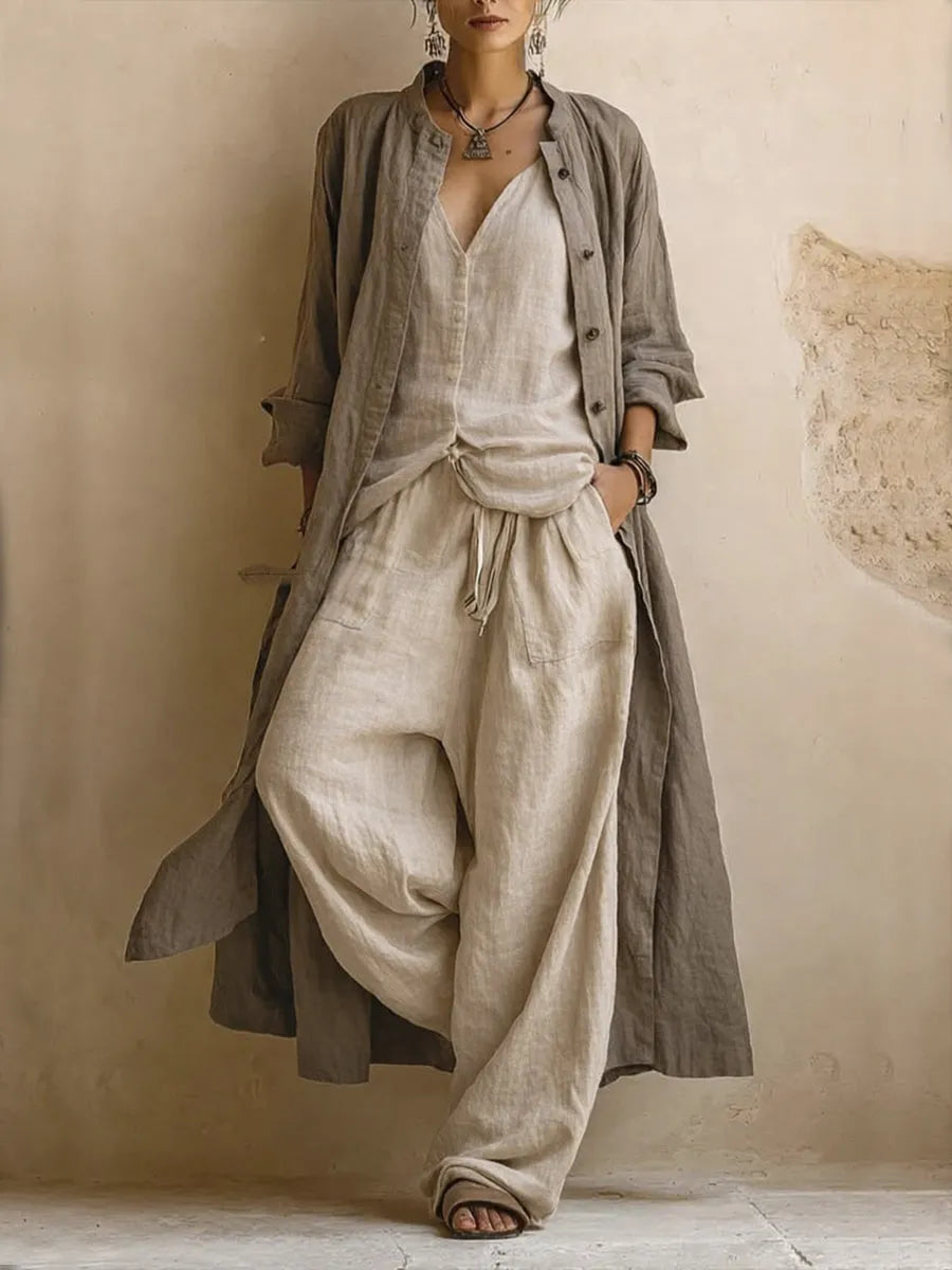 Homixa women's long cardigan and 3-piece wide-leg pant set, stylish and comfortable outfit with layered cardigan and flowy pants.