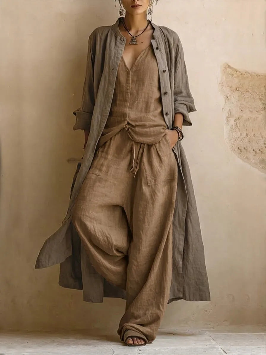 Homixa women's long cardigan 3-piece wide-leg pant set, featuring a flowing cardigan, stylish top, and comfortable wide-leg pants.