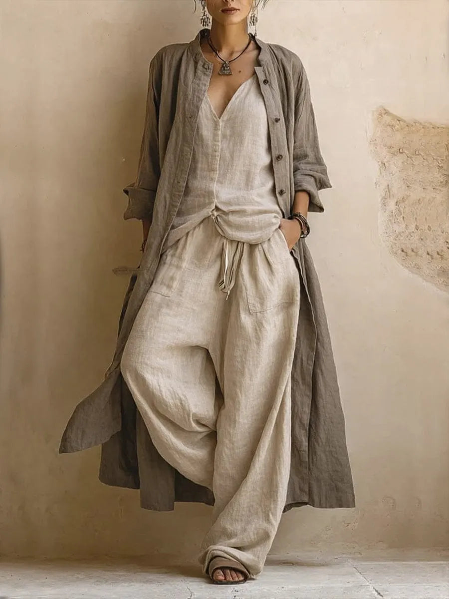 Homixa women's long cardigan and wide-leg pant set, 3-piece fashion ensemble with comfortable, stylish layered look.