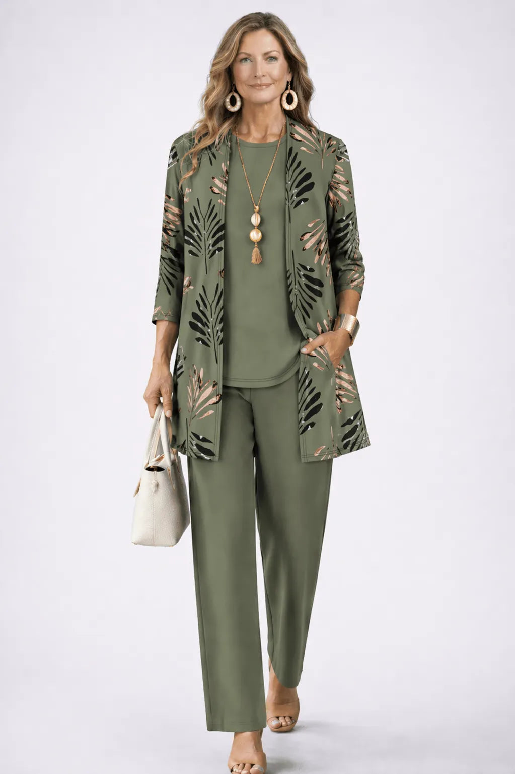 Homixa women's long cardigan 3-piece wide-leg pant set, featuring a breezy, comfortable design with layered tops and flowy pants.