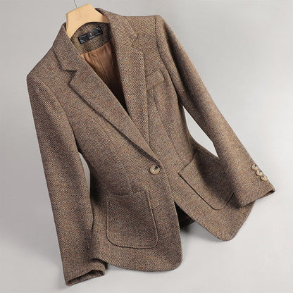 Brown Margot Wool Blazer by Jack Hafford, tailored fit with classic lapels, displayed on a neutral background.