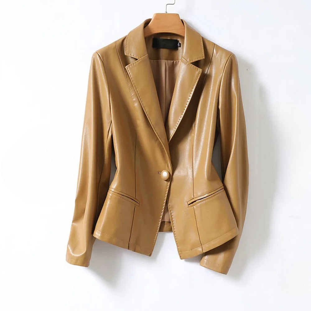 Brown Vera Lambskin Leather Blazer by Jack Hafford, featuring a tailored fit and sleek design, displayed on a hanger.