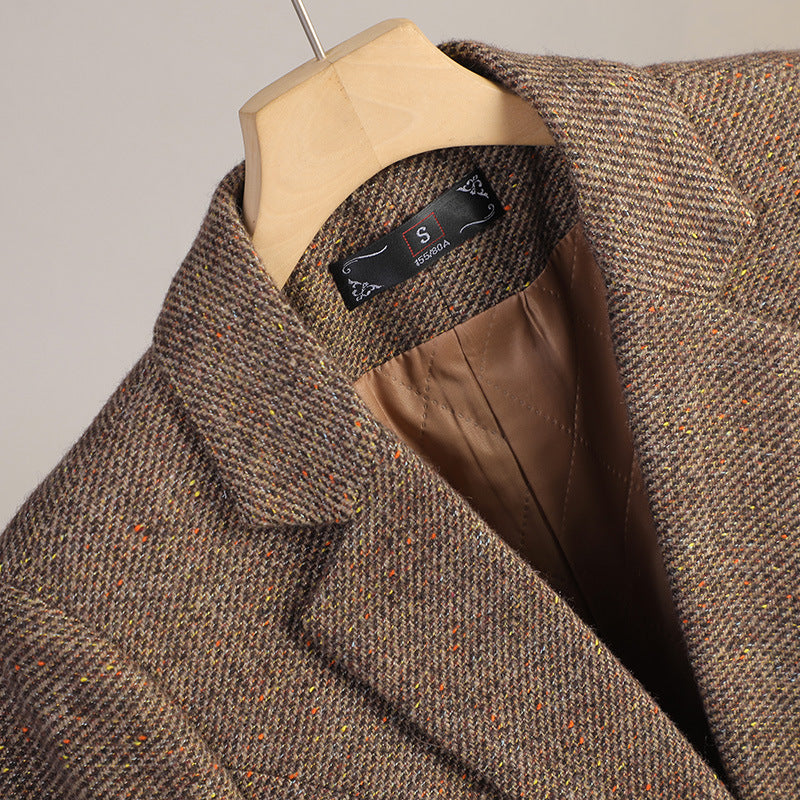 Brown Margot Wool Blazer by Jack Hafford, tailored fit with lapel collar and button closure, displayed on a hanger.