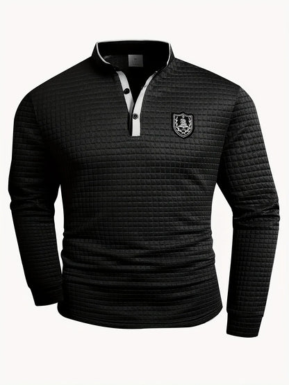 Men's solid color knit Henley shirt with button-front and checked pattern by Homixa, showcasing the front view.